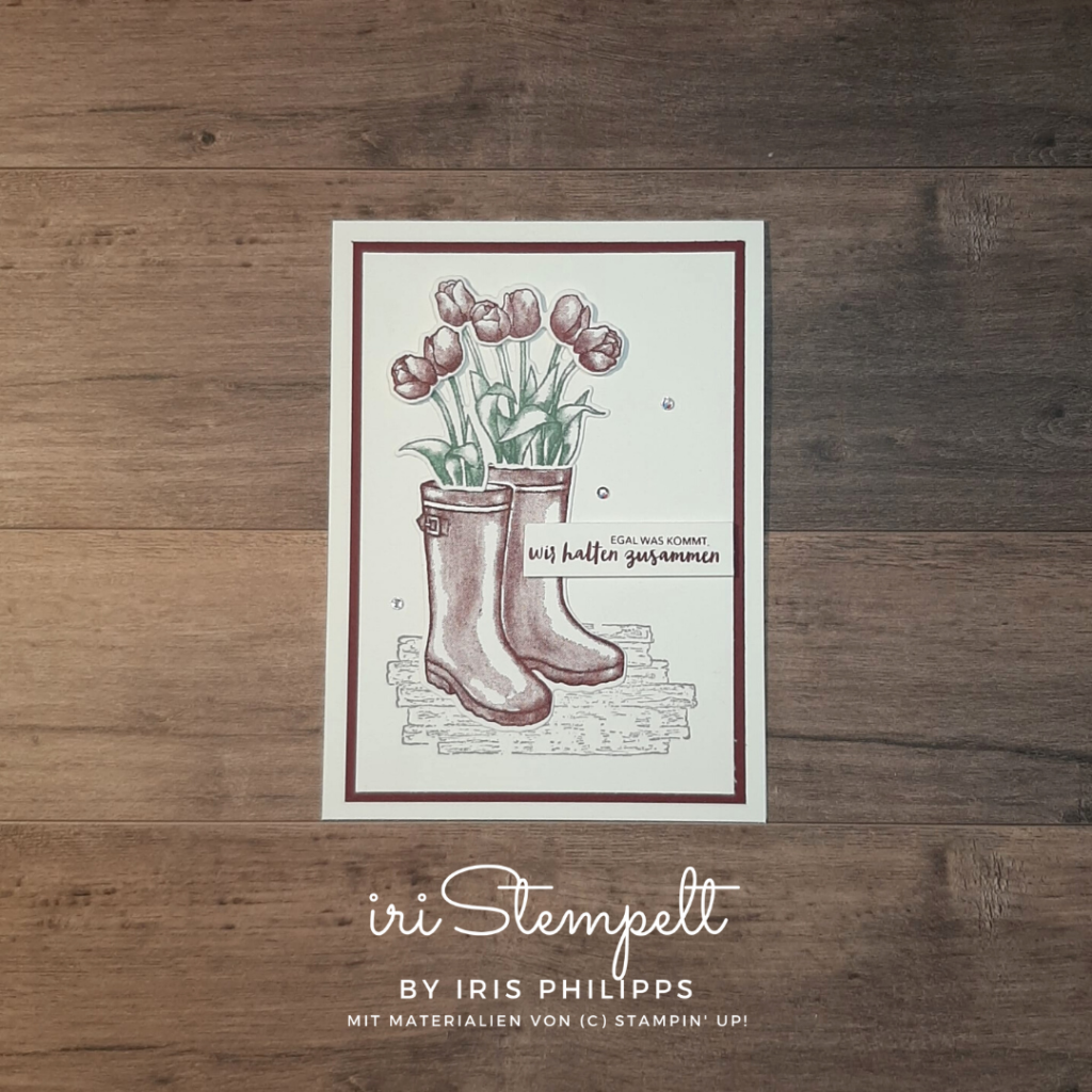 "Auf in den Frühling" mit dem Produktpaket „Flowering Rain Boots“ im Rahmen des Blog Hop Grenzenlose Kreativität Karte in merlotrot