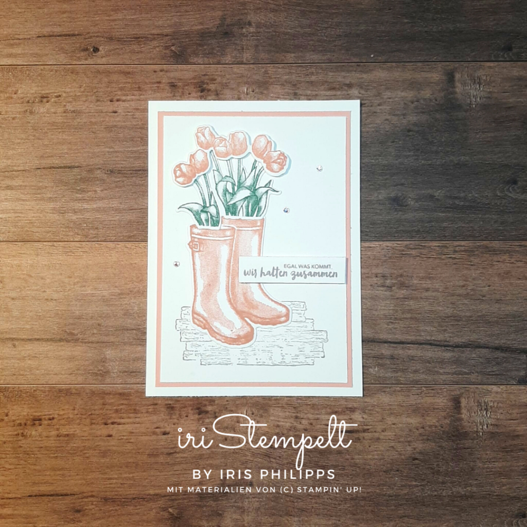 "Auf in den Frühling" mit dem Produktpaket „Flowering Rain Boots“ im Rahmen des Blog Hop Grenzenlose Kreativität Karte in kirschblüte