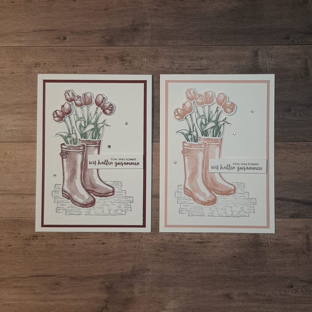"Auf in den Frühling" mit dem Produktpaket „Flowering Rain Boots“ im Rahmen des Blog Hop Grenzenlose Kreativität zwei Karten