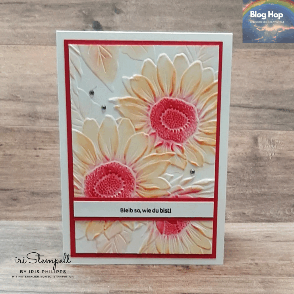 Grusskarte mit der neuen 3-D Prägeform "Sonnenblumenfeld"