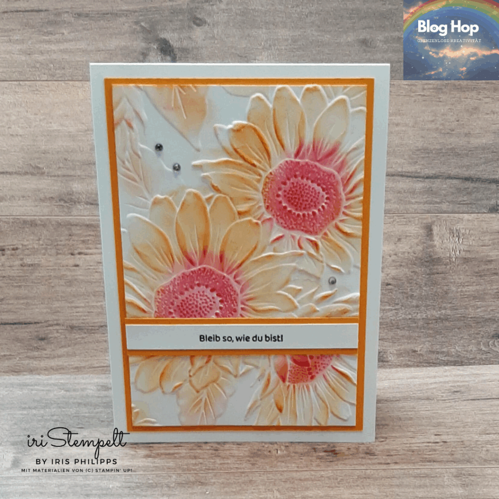 Grusskarte mit der neuen 3-D Prägeform "Sonnenblumenfeld"